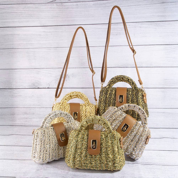 Woven Straw Turn Lock Top Handle Handbag