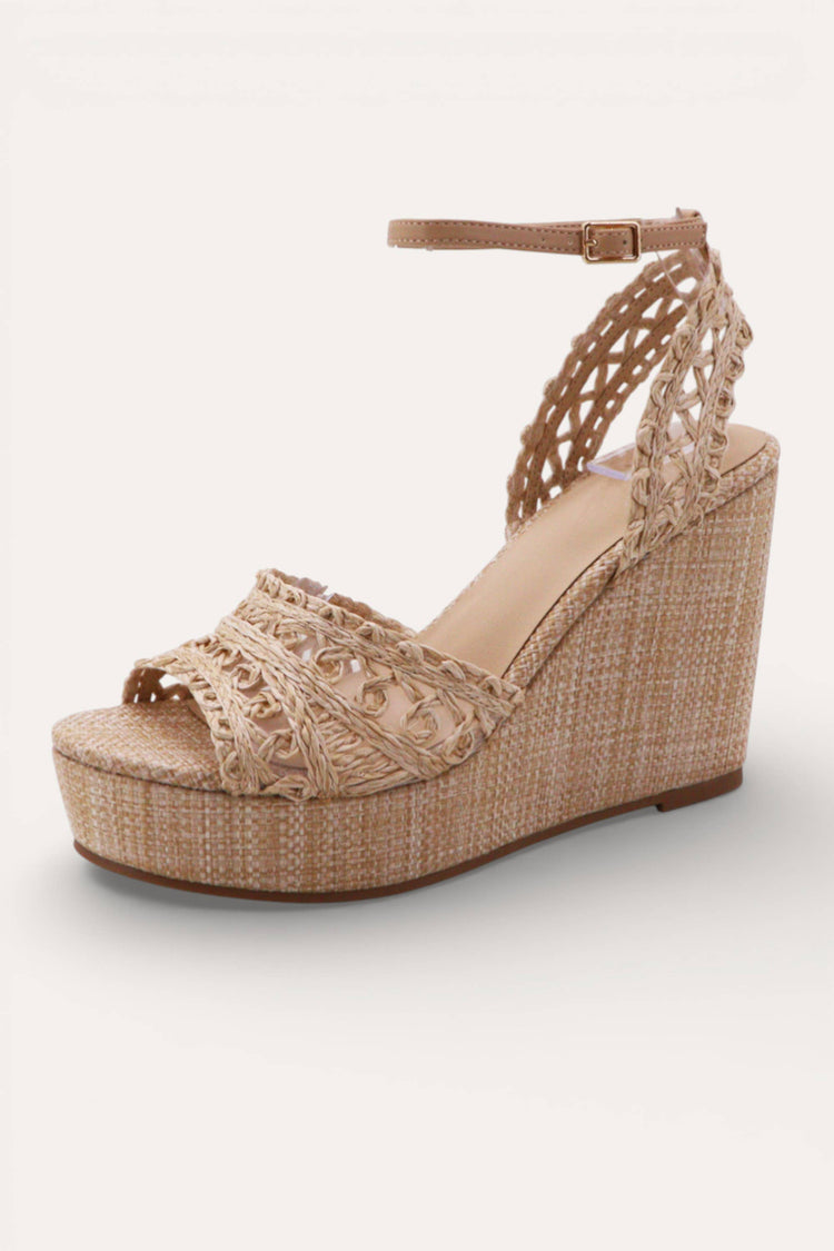 NATURAL WOVEN CROCHET ANKLE STRAP PLATFORM WEDGES