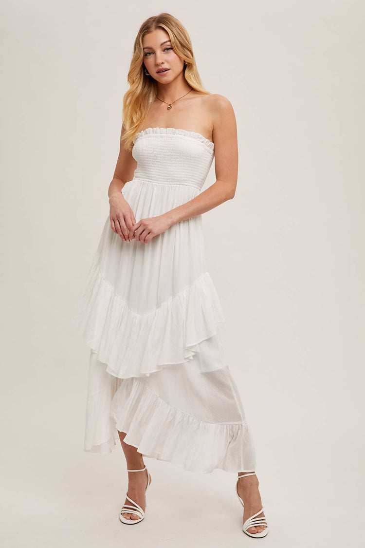 Boho Smocked Strapless Tiered Ruffle Midi Dress