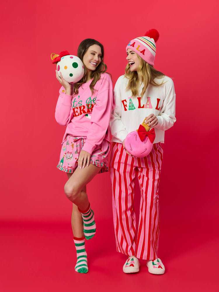 "FA LA LA" STRIPED BEANIE, PINK