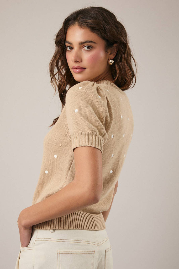 Embroidered Polka Dot Short Puff Sleeve Knit Sweater
