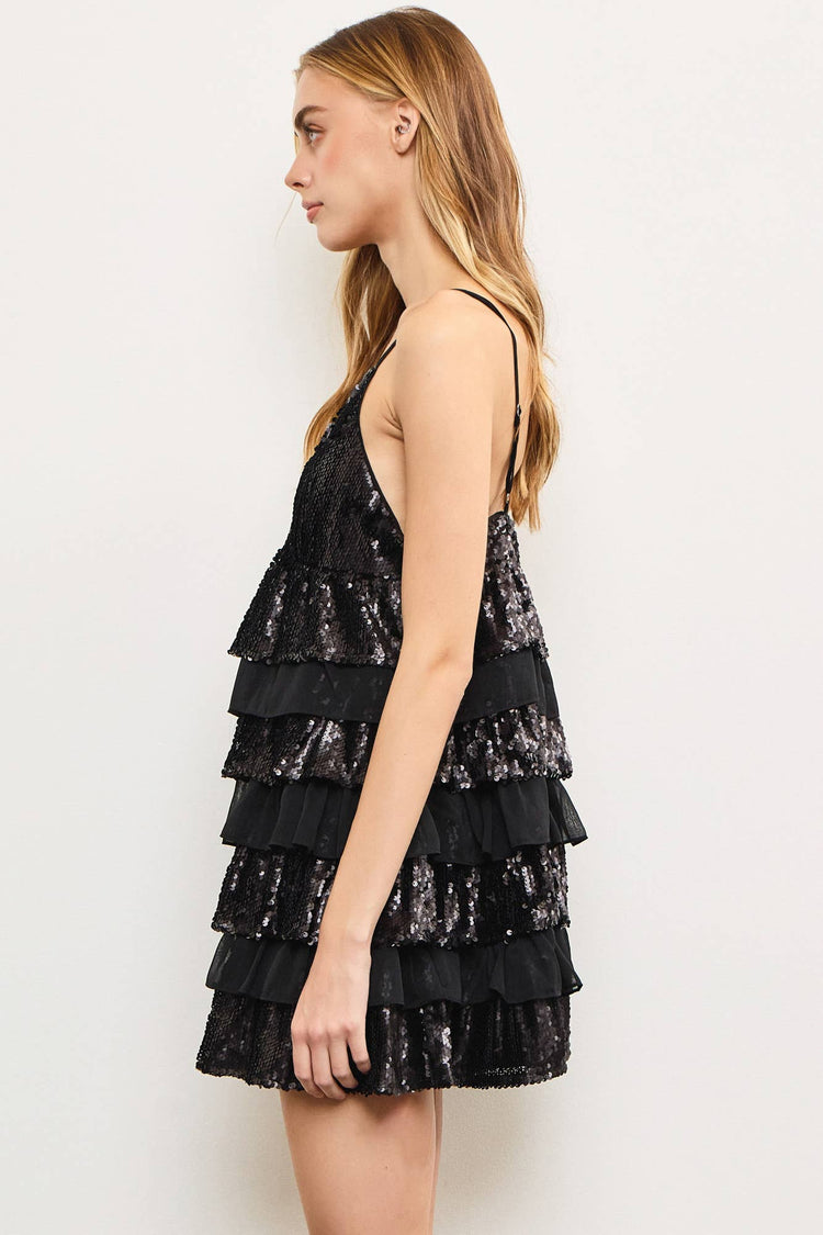 MULTI LAYER TIERED RUFFLE SEQUIN DRESS