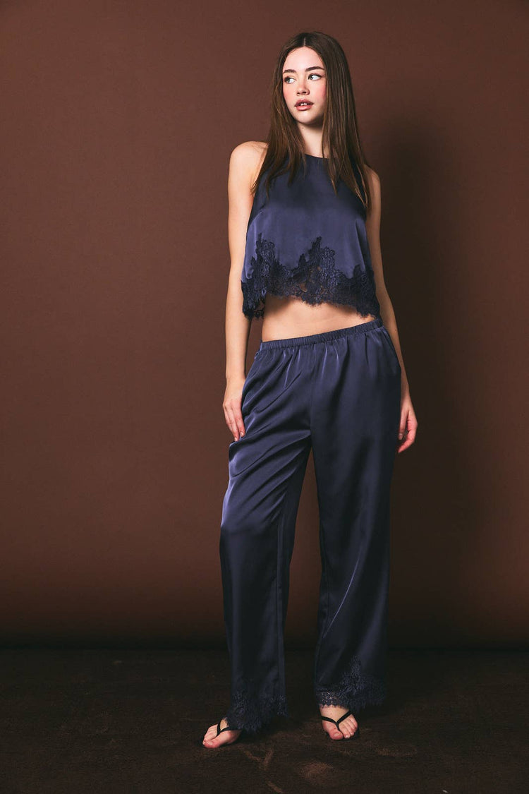 ELASTIC WAIST LACE TRIM WIDE LEG PANTS