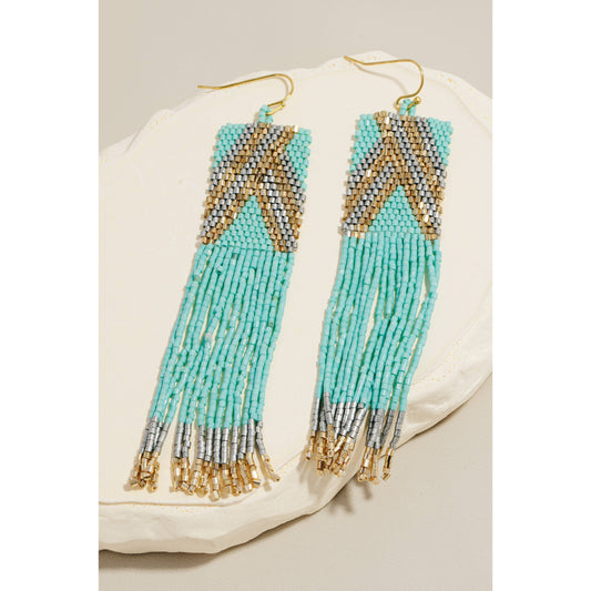 Rectangular Boho Seed Beaded Fringe Dangle Earrings