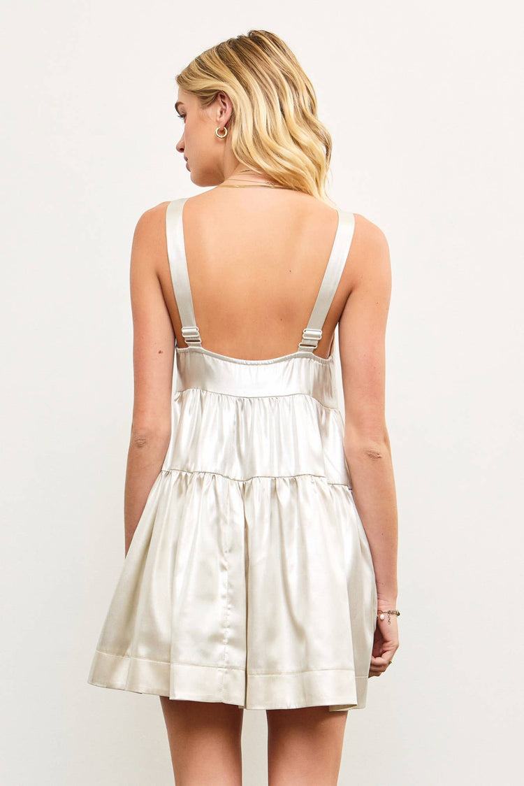 TIERED SHIRRING SLEEVELESS FOIL DRESS