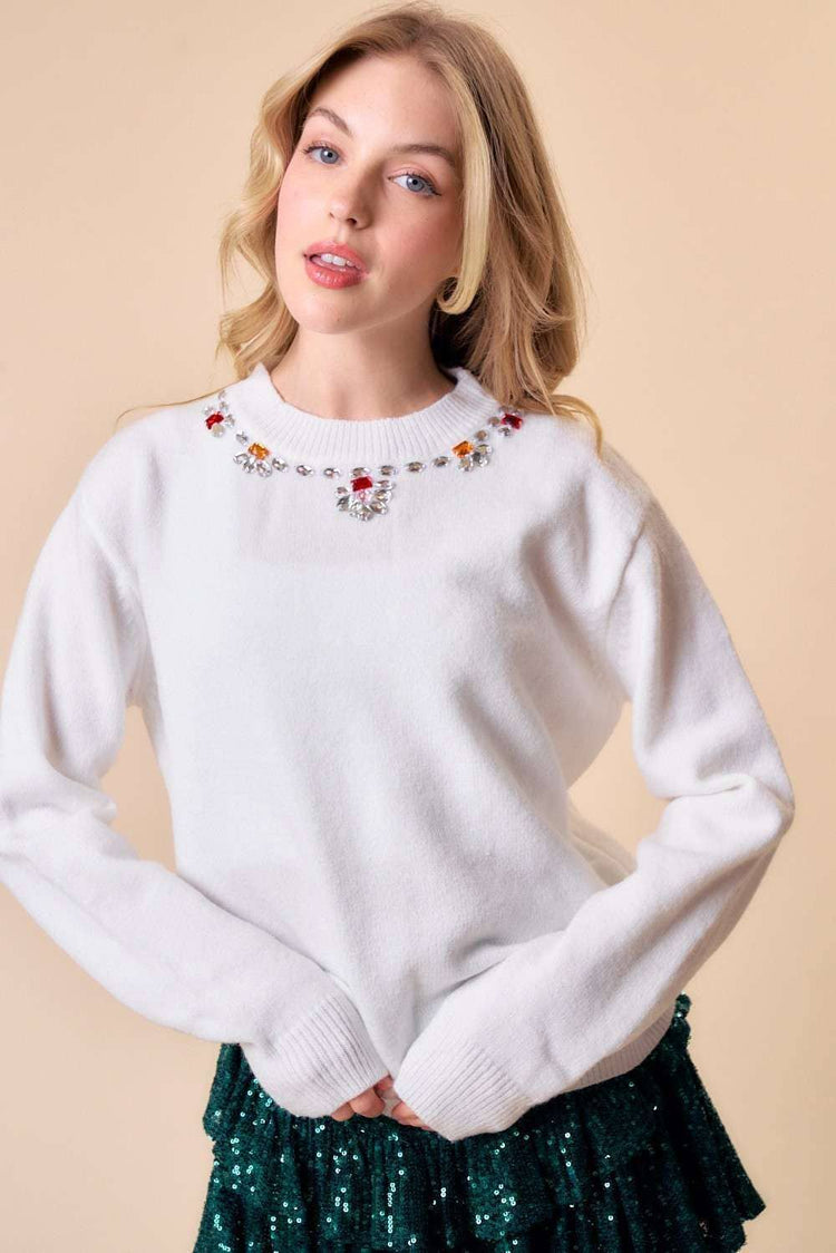 Color Stone Trim Formal Sweater