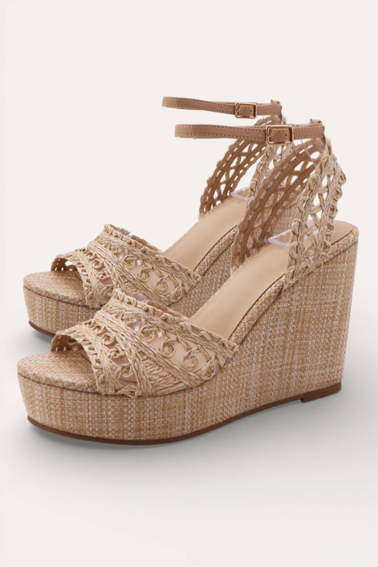 NATURAL WOVEN CROCHET ANKLE STRAP PLATFORM WEDGES