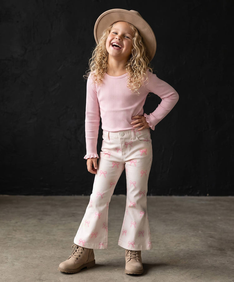 Kids Pink Coquette Bow Flare Denim Jeans