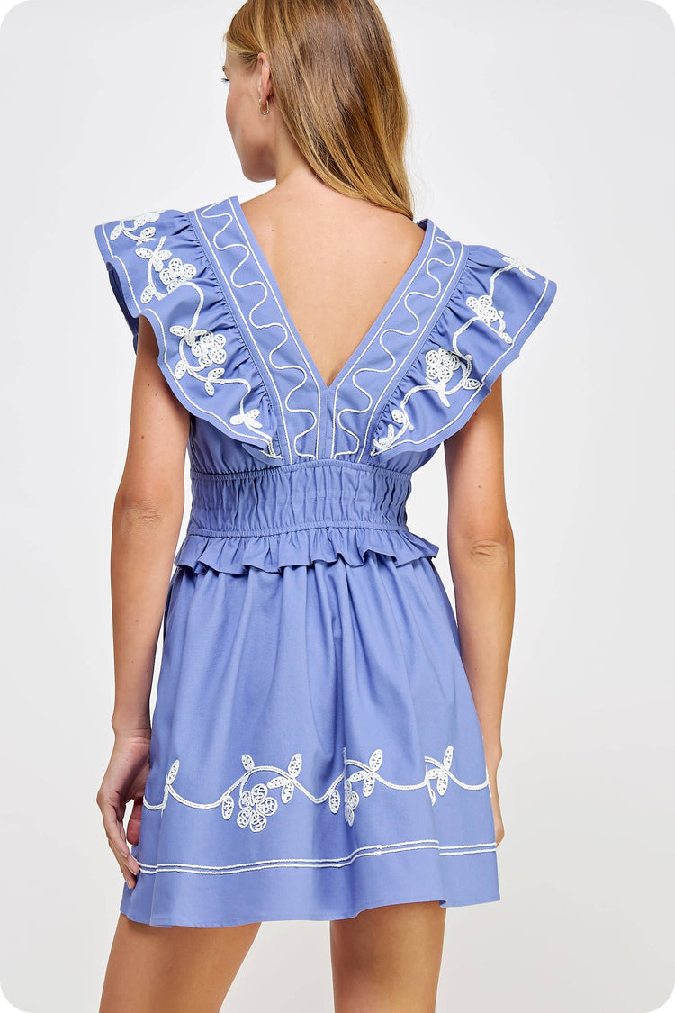 Embroidery Detail Ruffle Linen Mini Dress