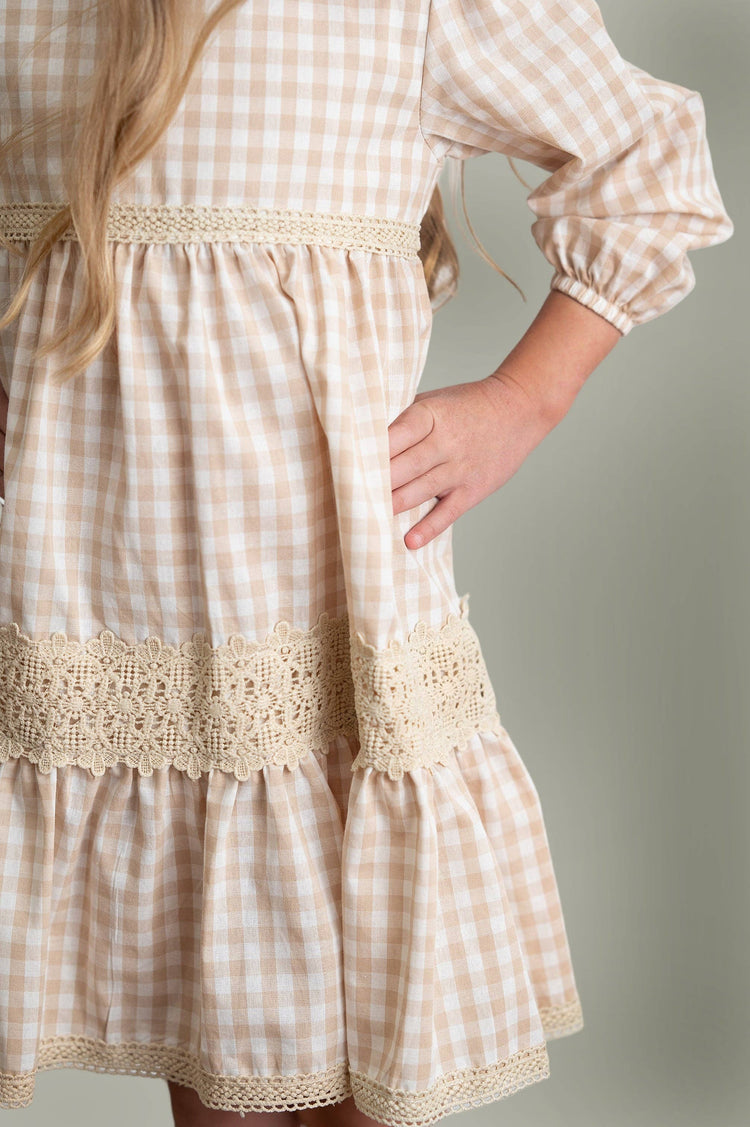 Girls Tan Gingham & Vintage Lace Puff Sleeve Tiered Dress