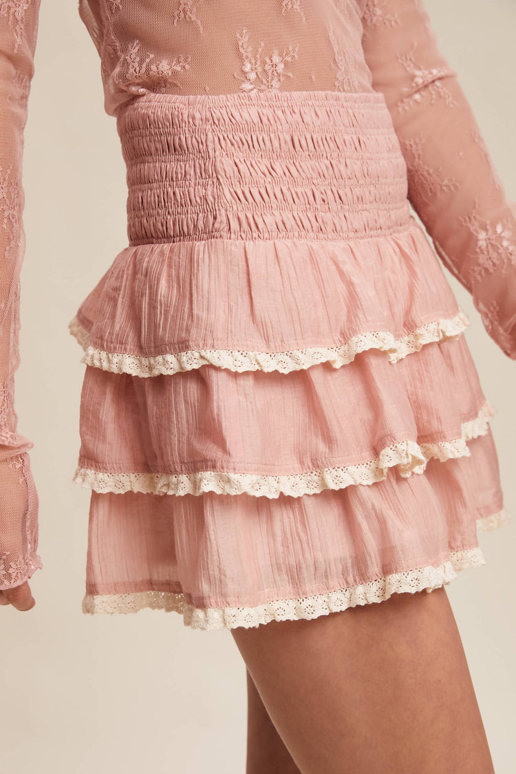 Tiered Ruffle Lace Trim Skort