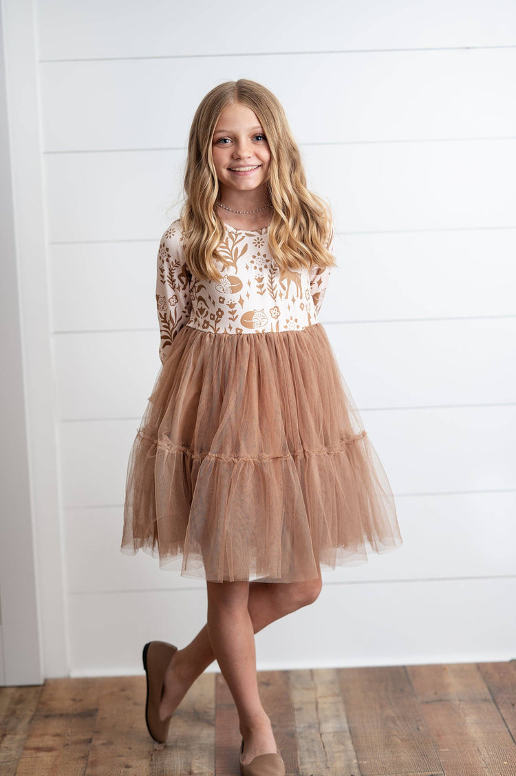 Kids Fall Winter Woodland Deer Tulle Ruffle Sleeve Dress