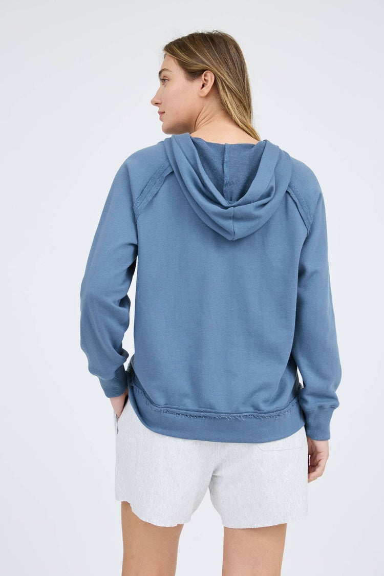 HOODED V NECK RAW EDGE LONG SLEEVE KNIT TOP