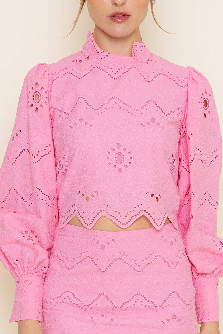 MOCK EMBROIDERED PATTERN BACK ZIP CROP TOP