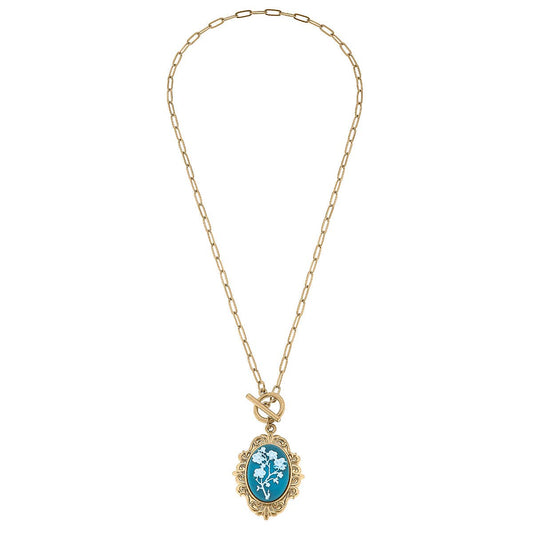 Floral Cameo Pendant T-Bar Necklace in Wedgwood Blue