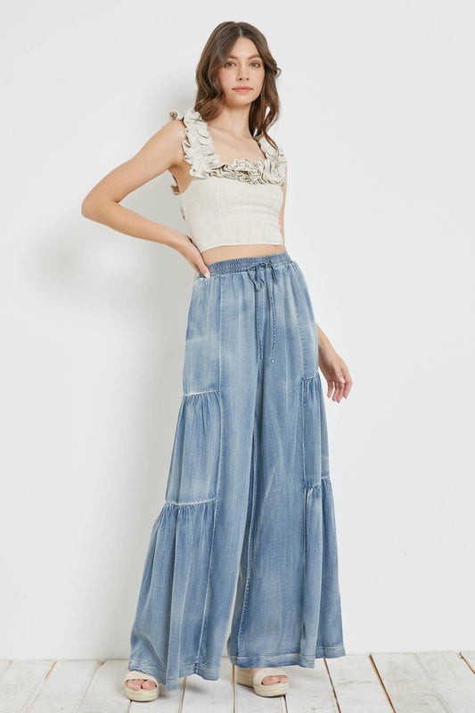 Tiered Ruffled Washed Denim Pants