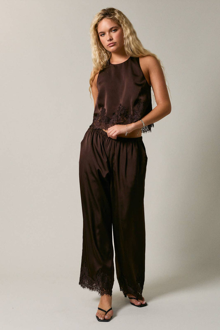 ELASTIC WAIST LACE TRIM WIDE LEG PANTS