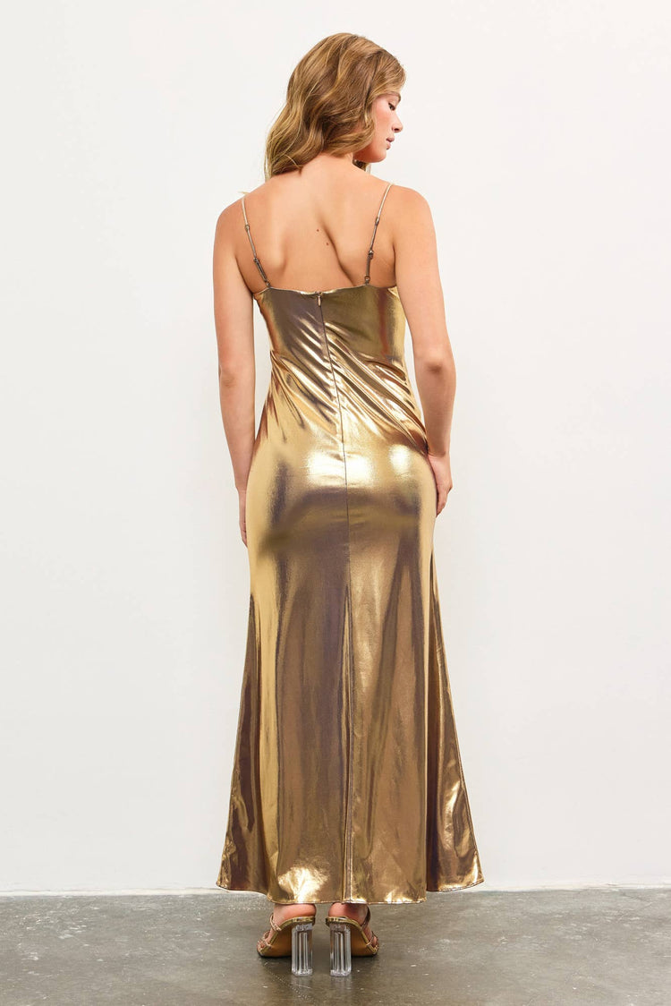 METALLIC FOIL STRAP LONG DRESS