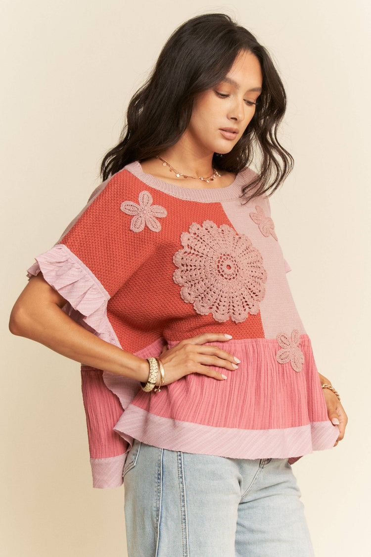SWEATER TEXTURED FABRIC RUFFLE DETAIL TOP