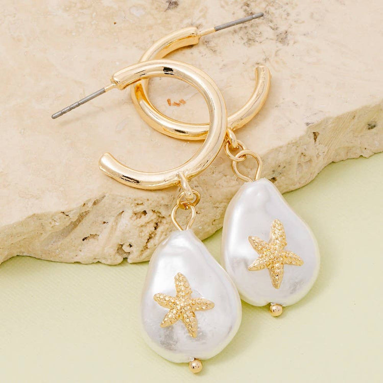 Starfish Pearl Dangle Hoop Earrings