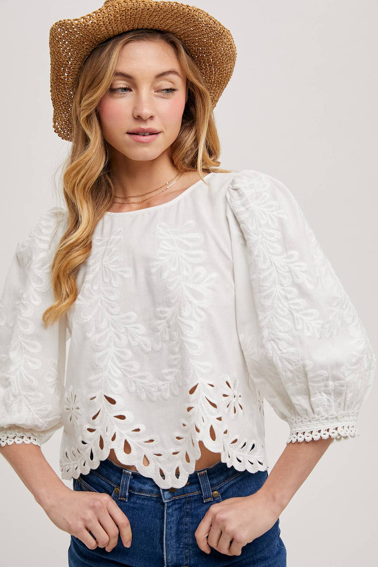 LACE CUTOUTS BOTTOM HEM BUBBLE SLEEVED TOP