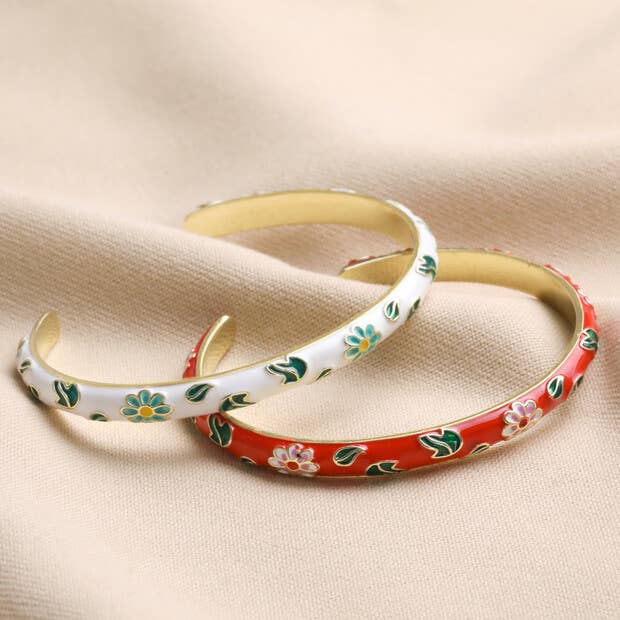 White Cloisonné Bangle in Gold