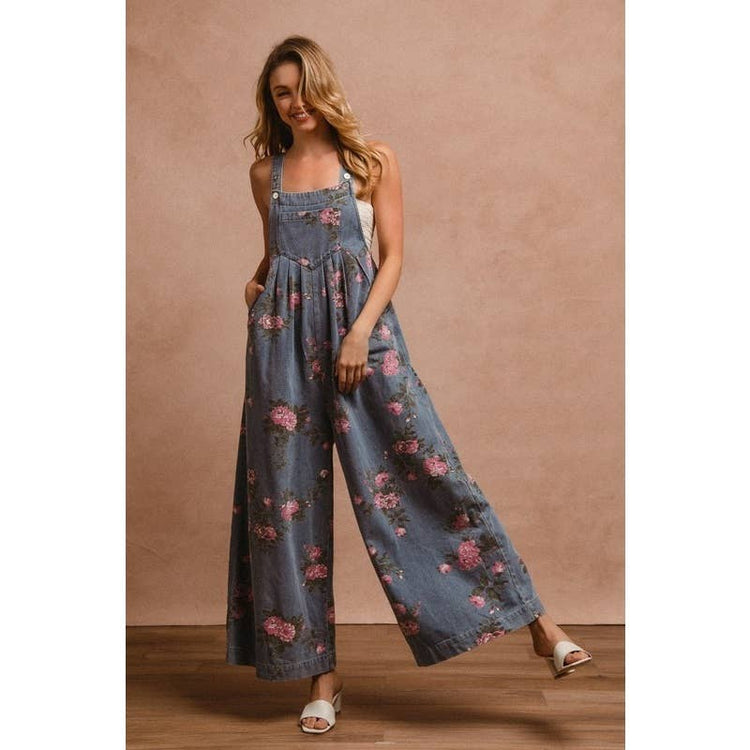 Flower Print Washed Denim Overalls