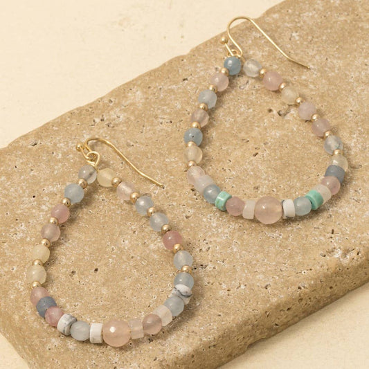 Semi Precious Stone And Metallic Beaded Tear Dangle Earrings