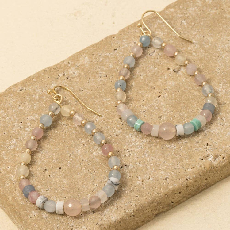 Semi Precious Stone And Metallic Beaded Tear Dangle Earrings