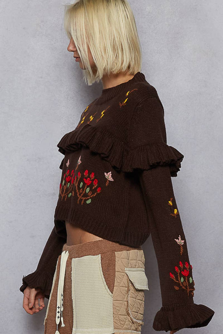 Long sleeve ruffles floral hand stitch detail sweater top