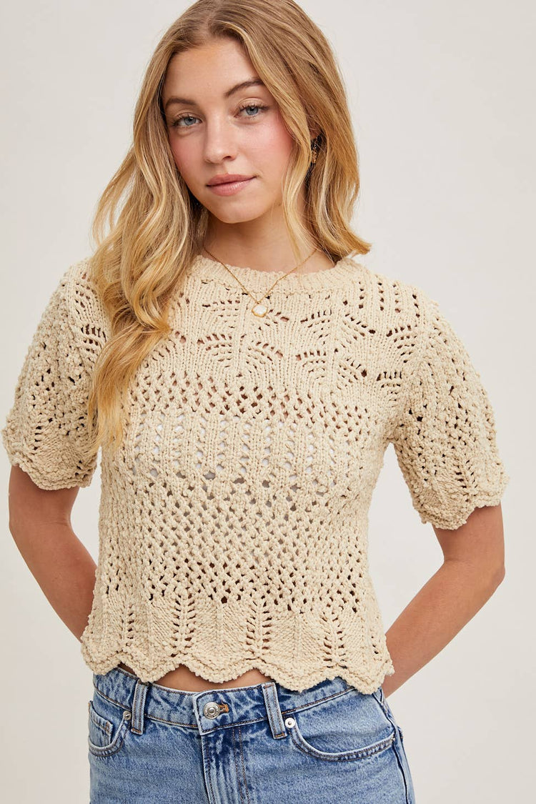 SHEER KNIT SWEATER WITH SCALLOPED HEM BOTTOM