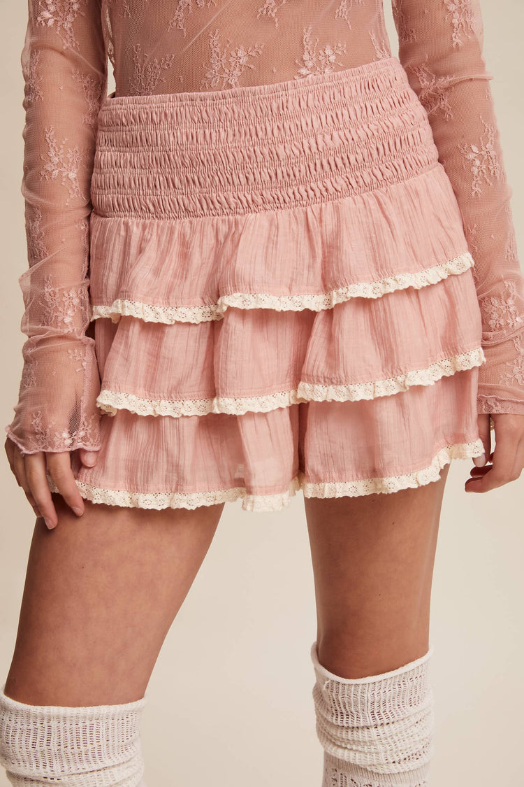 Tiered Ruffle Lace Trim Skort