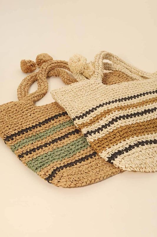 Striped Straw Braided Tote Bag