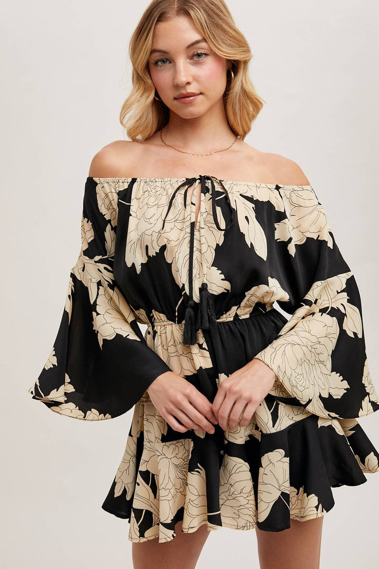 FLORAL PRINT OFF THE SHOULDER BELL SLEEVED ROMPER