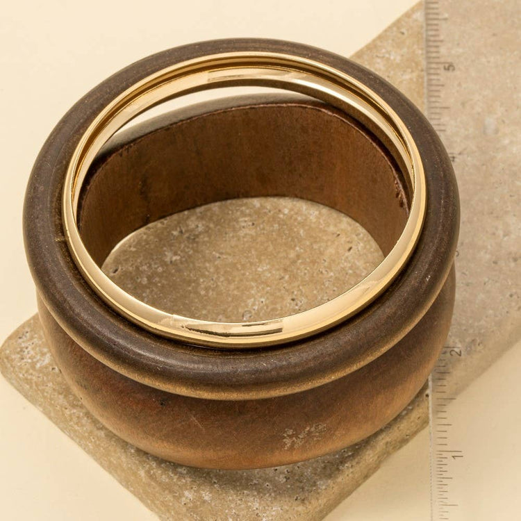 Wood And Metallic 3 Piece Bangle Bracelet Set