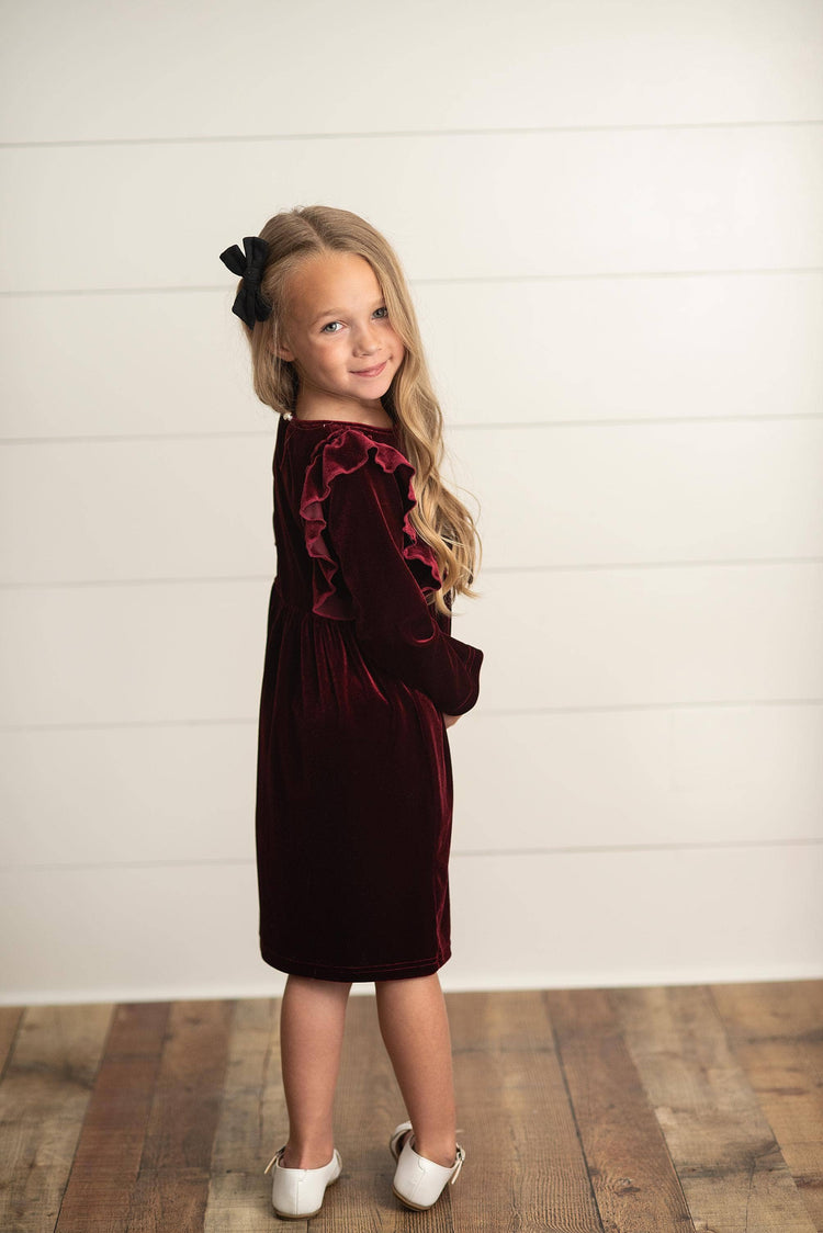 Kids Burgundy Wine Velvet Bow Ruffle Holiday Party Dress