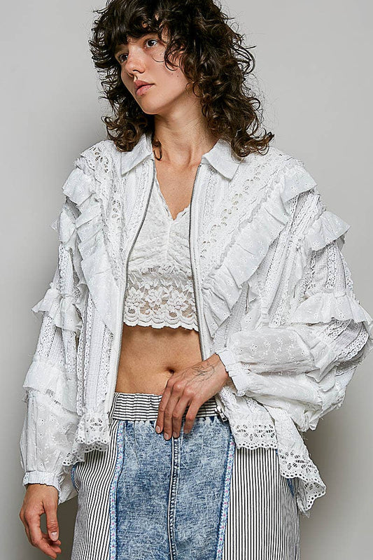 Feminine Eyelet Ruffle Floral Trim Lace Zip Front Jacket