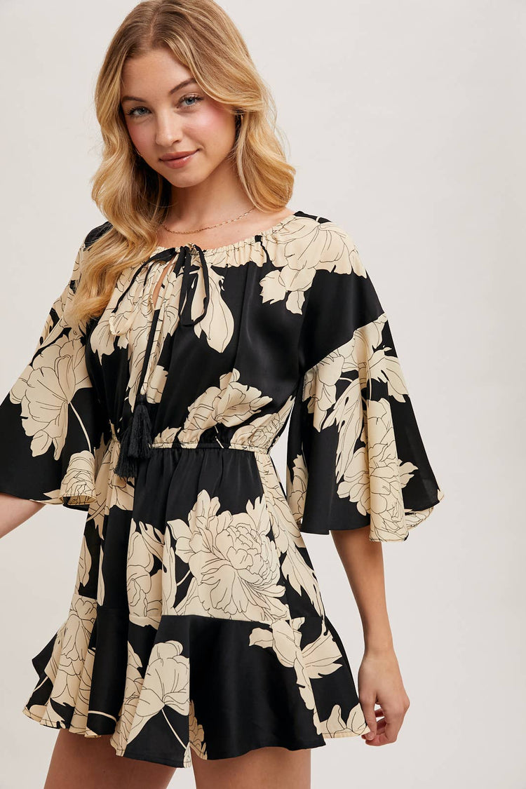 FLORAL PRINT OFF THE SHOULDER BELL SLEEVED ROMPER