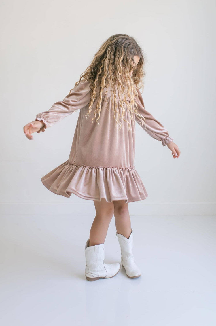 Girls Alexa Champagne Smocked Velvet Fancy Holiday Dress