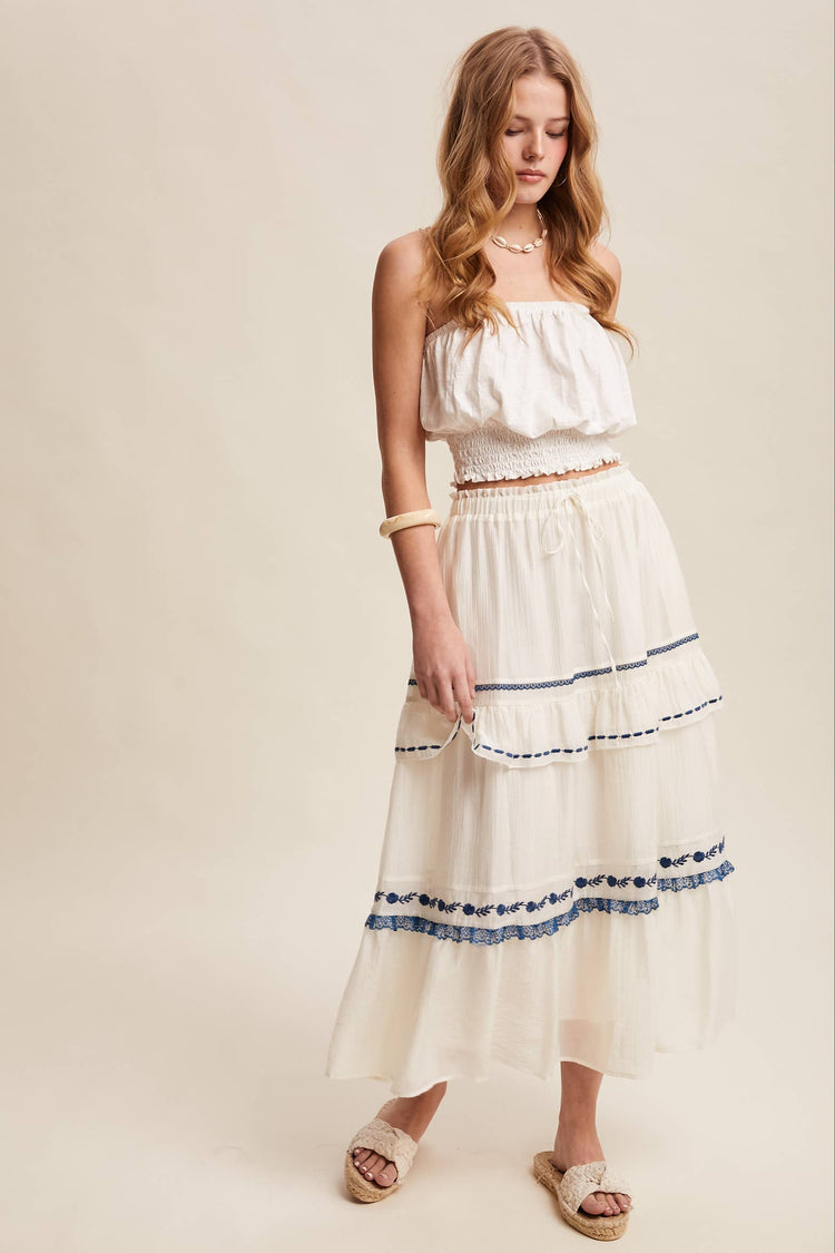 Embroidered Tiered Maxi Skirt