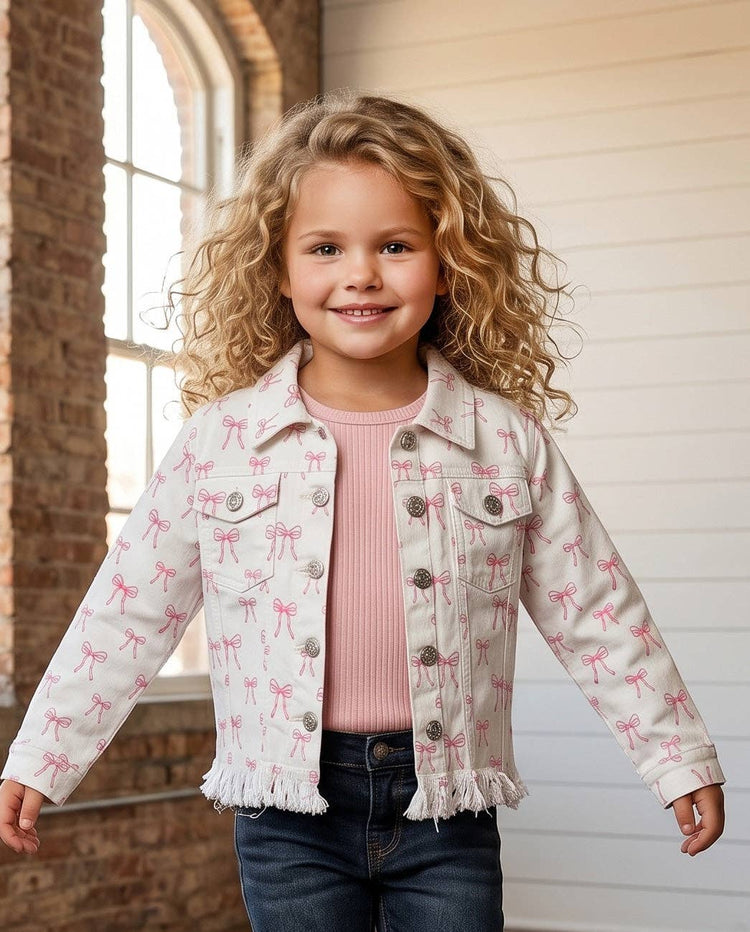 Coquette Pink Bow White Fringe Button Denim Jacket