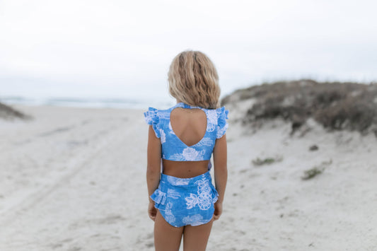 Kids Blue Floral Open Back One Piece Ruffle Swimsuit