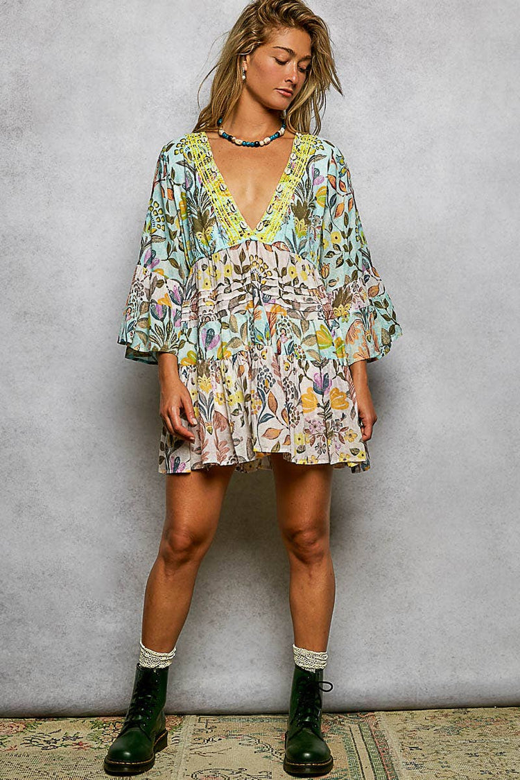 3/4 Sleeveless V-neck Seashell Shape Printed Woven Dress