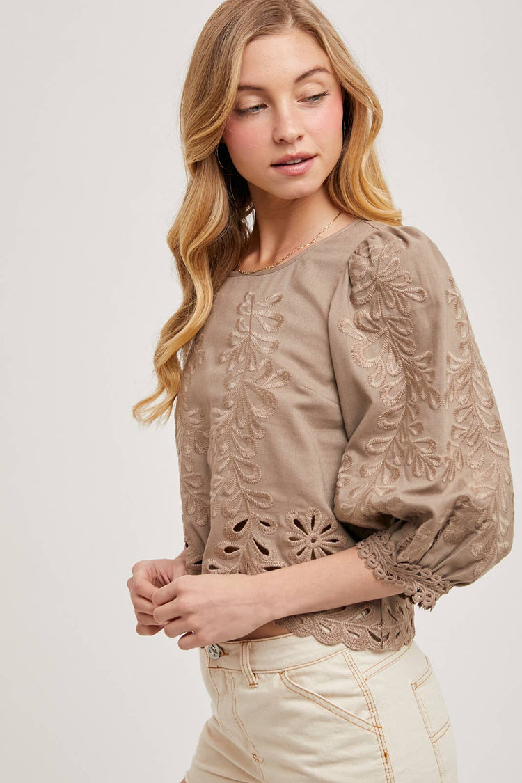 LACE CUTOUTS BOTTOM HEM BUBBLE SLEEVED TOP