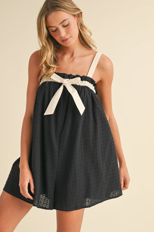 RELAXED FIT FLOWY ROMPER WITH FRONT BOW DETAIL