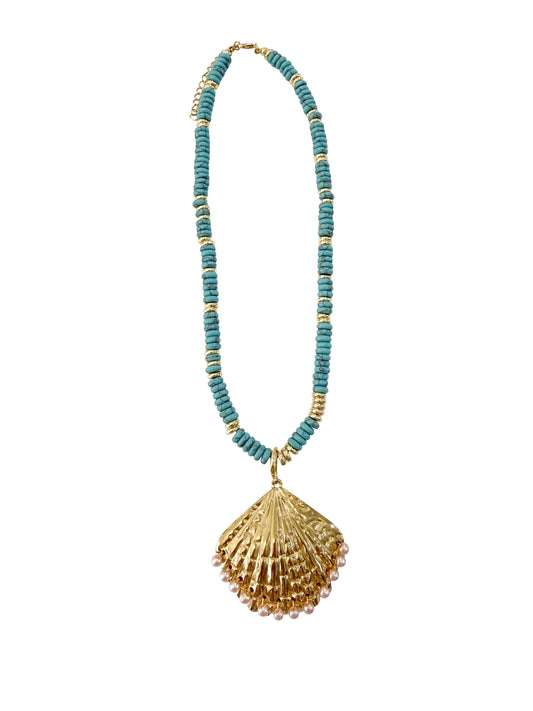 Sunlee Turquoise Beaded Necklace with Shell Pendant