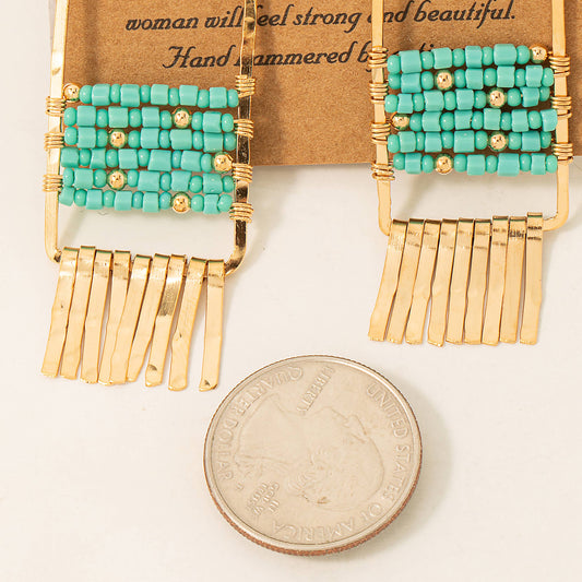 Metallic Bar Fringe Beaded Rectangle Drop Earrings