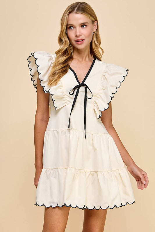 V Neckline Bow Detail Scalloped Dress