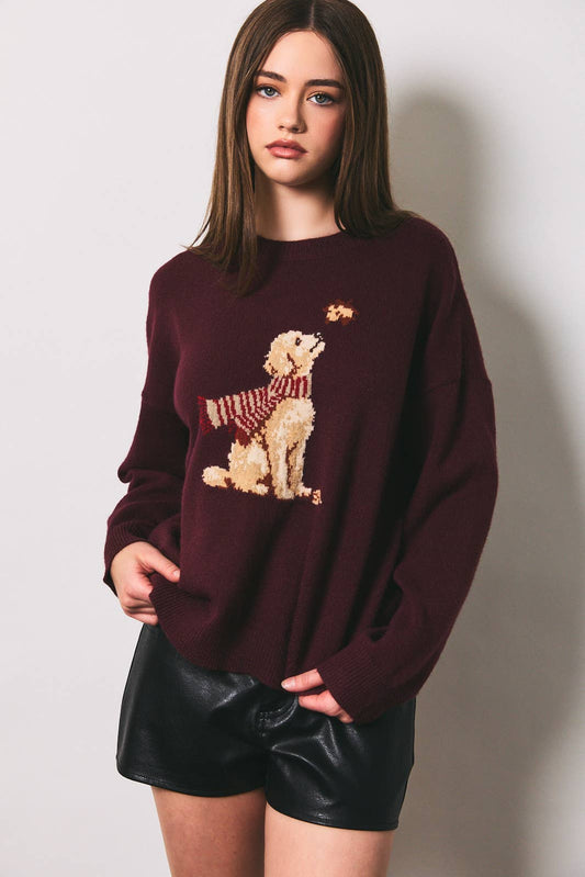 PUPPY WITH FALLEN LEAVES GRAPHIC OVERSIZED SWEATER