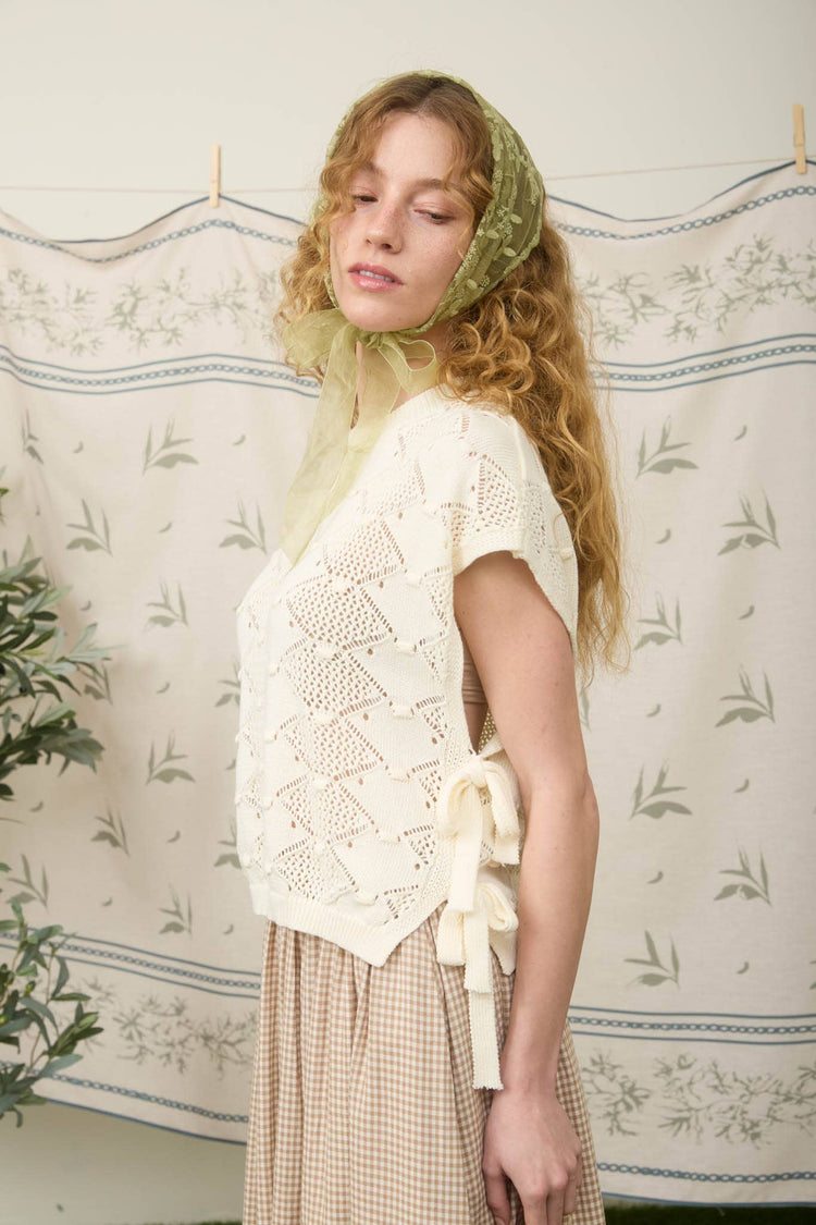 CLIP DOT SHORT SLEEVE SIDE TIE CROCHET SWEATER